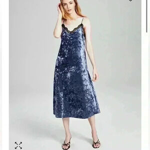 NWT And Now This Cobalt Blue Lace Trim Crush Velvet Midi Lingerie Dress Size M